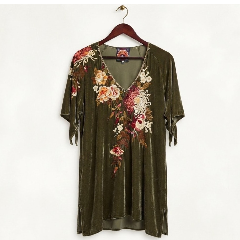 Johnny Was Velvet Floral Embroidered Tunic Dress Olive XS Whimsigoth Cottagecore